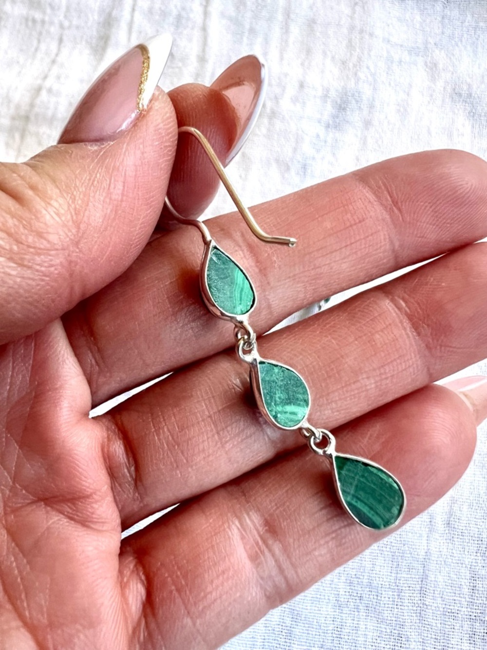 925 Malachite 3 Stone Dangle Earrings - Picture 4 of 7
